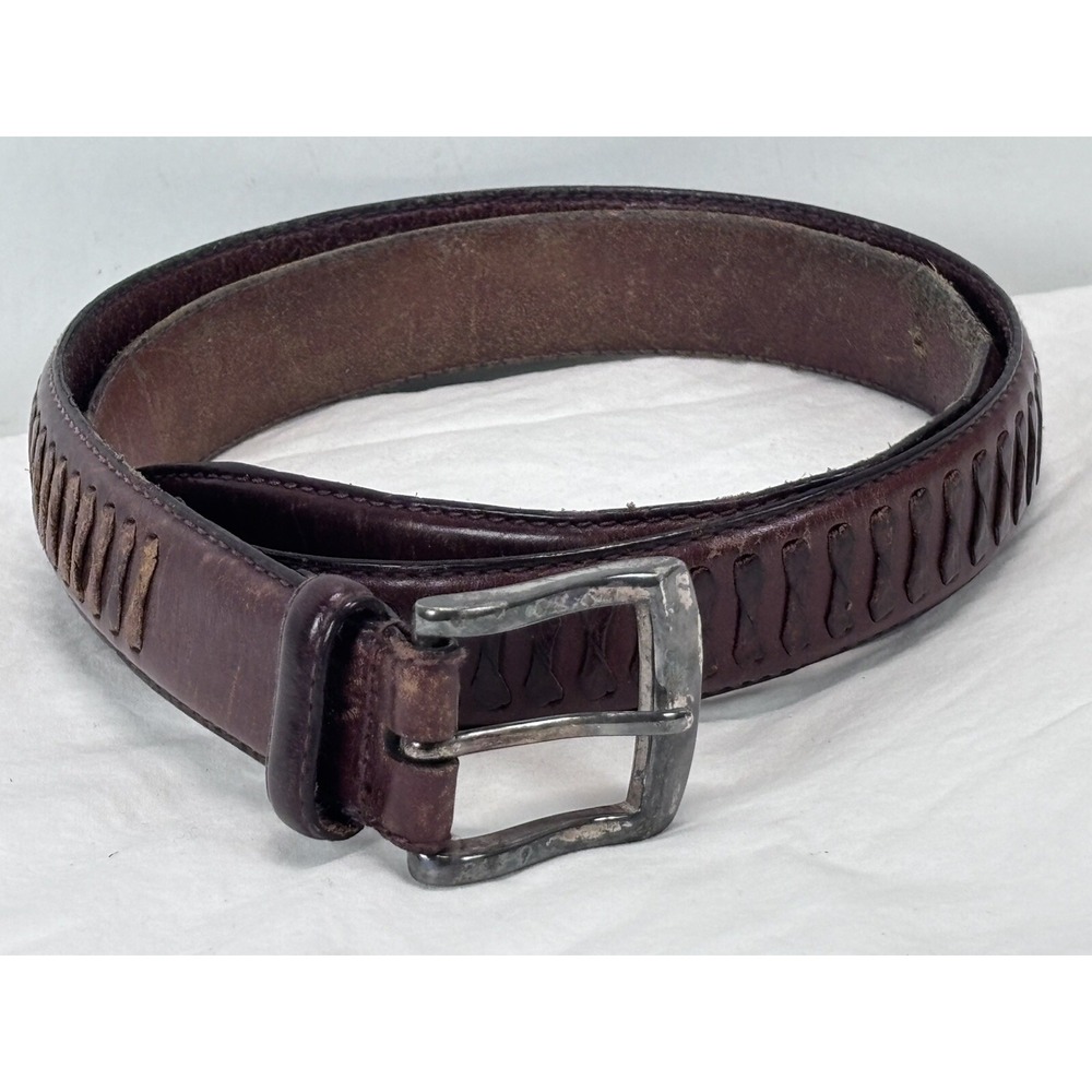 Vtg Fossil Leather Belt Sz 38 Men's Brownn Woven Pattern